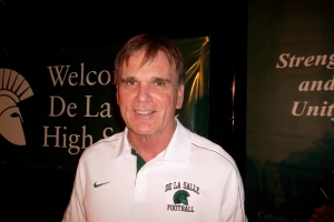 Bob Ladouceur stepped down as the head coach at De La Salle (Concord, Calif.) on Jan. 4, 2013 at a press conference at the school. Ladouceur's career record of 399-25-3 includes five CIF state titles, 21 straight CIF North Coast Section titles, 16 top finishes in the state rankings and six No. 1 finishes in the national rankings. His teams from 1992 to 2004 also won 151 consecutive games. Photo by Harold Abend.